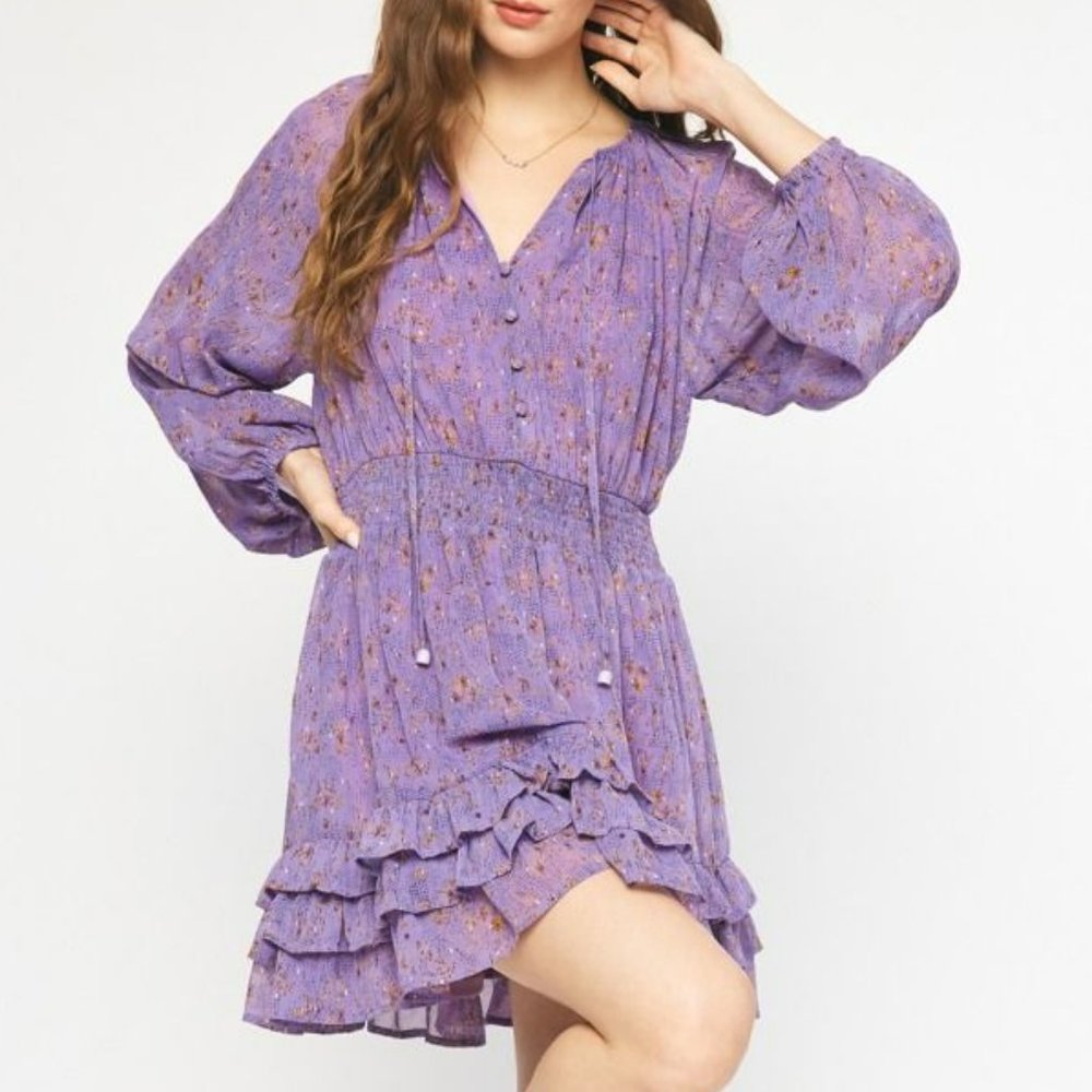 NWT Entro Purple Printed V-Neck Long Sleeve Smocked Dress With Ruffle Skirt